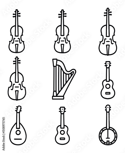 String Instruments Icons. Outline icon set of orchestral string instrument collection: violin, viola, cello, double bass, harp,