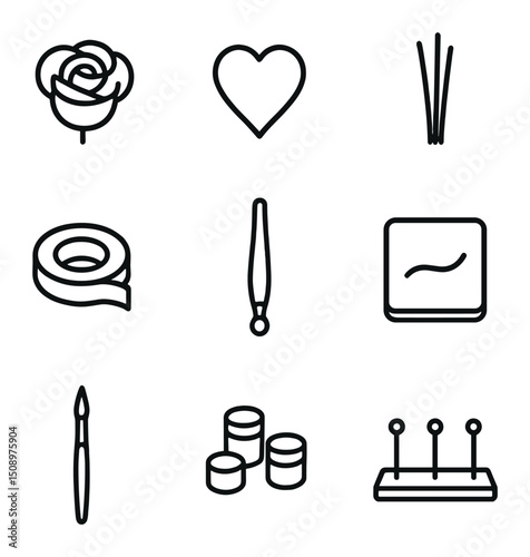 Sugar Flower Crafting Icons. Outline icon set of sugar flower crafting: gum paste rose, petal cutter, flower wire, florist tape,