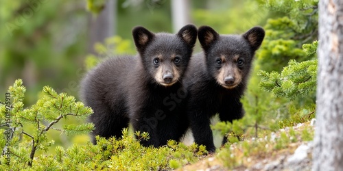 Two black bear cubs amid verdant foliage