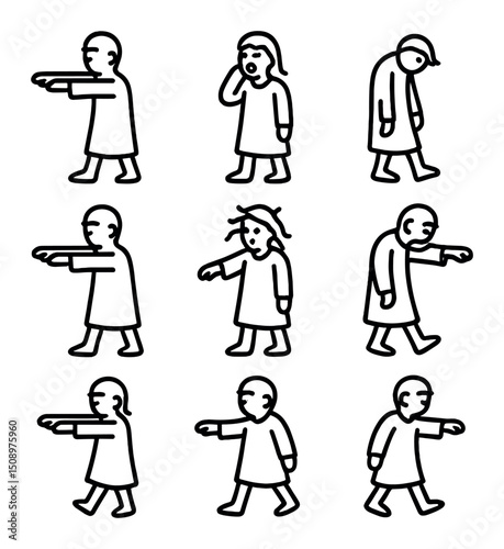 Sleepwalking Icon Set. Outline icon set of sleepwalking figure poses: outstretched arms, closed eyes, loose gown, bare feet,