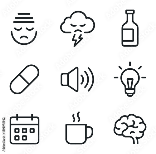 Sleepwalking Trigger Icons. Outline icon set of common sleepwalking triggers: sleep deprivation icon, stress cloud, alcohol bottle