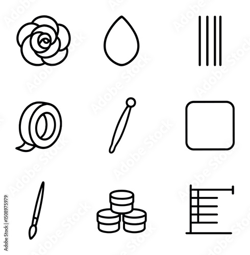 Sugar Flower Crafting Icons. Outline icon set of sugar flower crafting: gum paste rose, petal cutter, flower wire, florist tape,