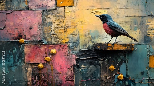 A vibrant abstract composition showcases a bird perched against a background of colorful textured blocks, evoking a sense of natural beauty and artistic expression with an abstract theme.
