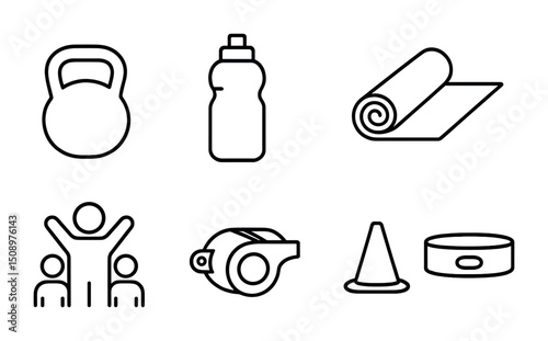 Fitness equipment icons: kettlebell, water bottle, yoga mat for gym design