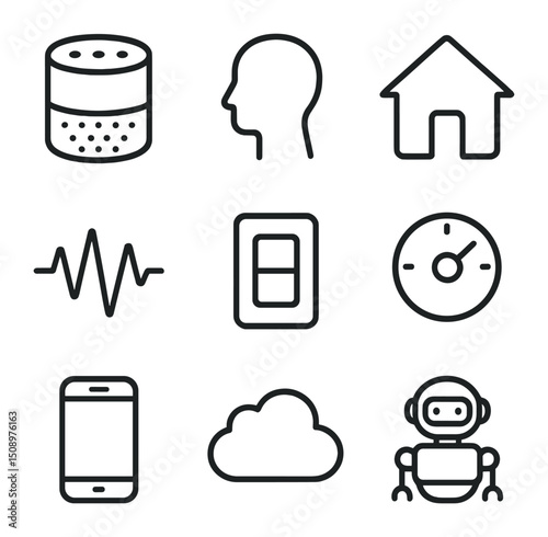 Smart Home Icon Set. Outline icon set of smart home AI-human interaction: smart speaker, human silhouette, house outline, voice