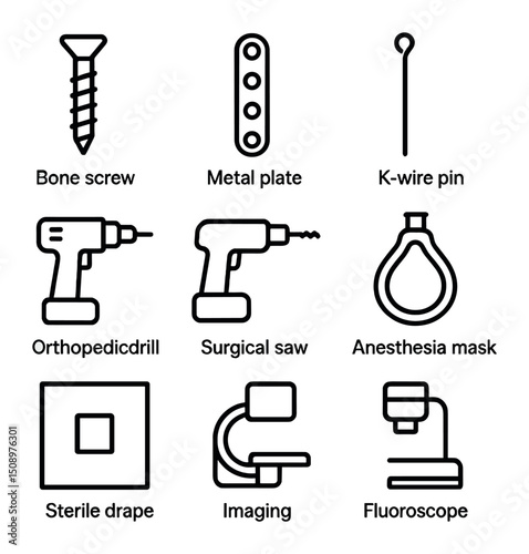 Surgical Fixation Icons. Outline icon set of surgical fixation methods: bone screw, metal plate, intramedullary rod, K-wire pin,