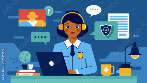 A 911 dispatcher receives live updates on the location and descriptions of a kidnapping aiding in the swift mobilization of officers.. Vector illustration