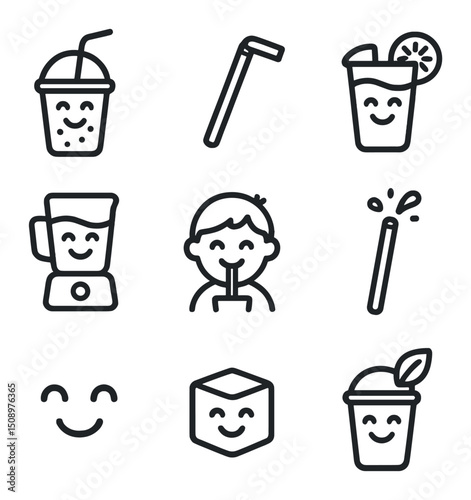 Smoothie Icon Collection. Outline icon set of smoothie sip smiles: smoothie cup, straw bend, fruit garnish, blender jar, kid sip,