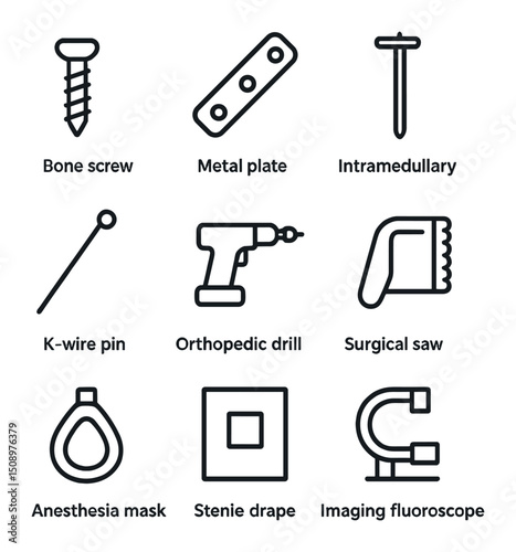 Surgical Fixation Icons. Outline icon set of surgical fixation methods: bone screw, metal plate, intramedullary rod, K-wire pin,