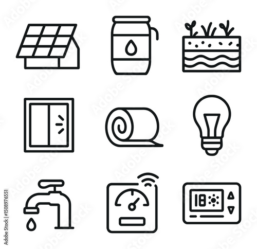 Sustainable Energy Icons. Outline icon set of sustainable energy upgrades: rooftop solar panel, rainwater harvesting barrel, green