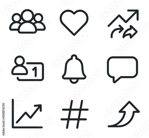 Social Media Icon Set. Outline icon set of social media follower growth: user avatar cluster, heart likes, share icon, follower