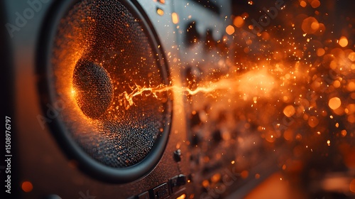 A vibrant speaker emits energy, showcasing the raw power of sound. This image blends technology with abstract themes, ideal for illustrating audio engineering and sound design concepts.