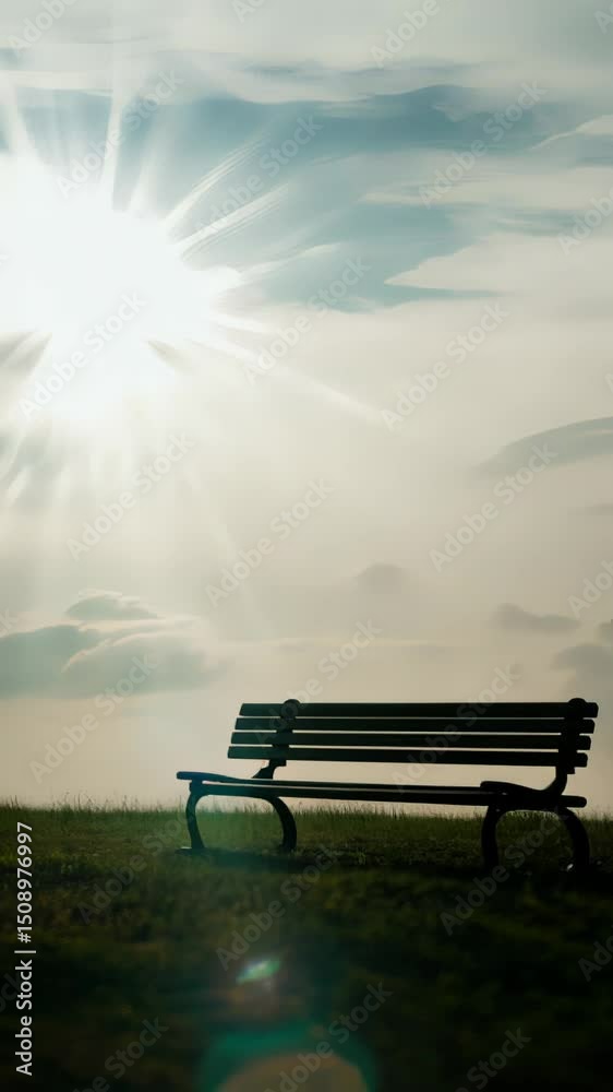 Sunlight streaming across empty park bench, casting warm lens flare and creating serene landscape with tranquil atmosphere and soft natural glow Sunlight streaming across empty park bench, casting warm lens flare and creating serene landscape with tranquil atmosphere and soft natural glow