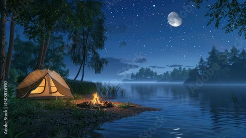 Enjoy a peaceful camping experience by the lake at night with a warm campfire, surrounded by trees and a star-filled sky