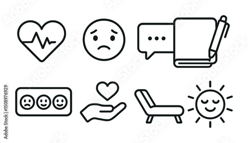 Health and wellness icons: emotions, journaling, relaxation, and self care symbols