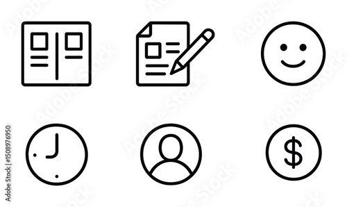 Minimalist icon set representing communication, time, money, and social interaction