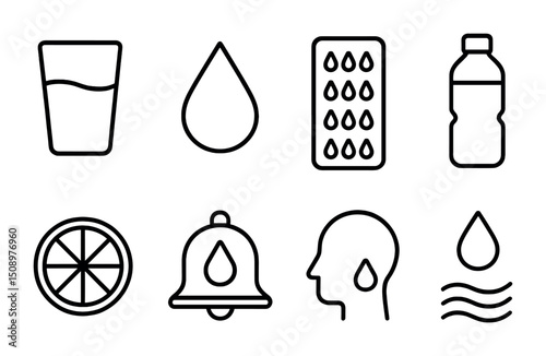Hydration symbols and icons set for health and fitness design