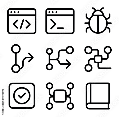 Software Tools Icons. Outline icon set of software development tools: code editor window, terminal prompt, debugger icon, version