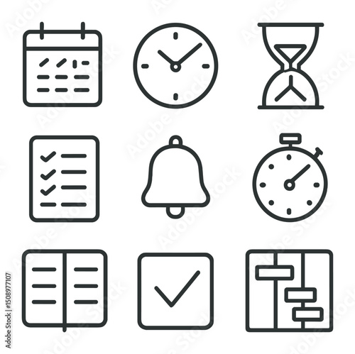 Time Management Icons. Outline icon set of time management skills: calendar page, analog clock, hourglass, to-do list, reminder
