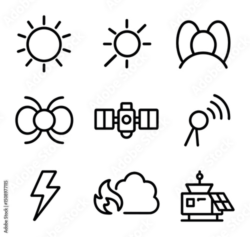 Solar Phenomena Icons. Outline icon set of solar flares and CMEs: sun disc, flare burst, coronal loops, magnetic field lines,