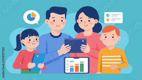 A family of four uses a budgeting app with realtime data tracking to stay on top of their monthly bills and mortgage payments.. Vector illustration