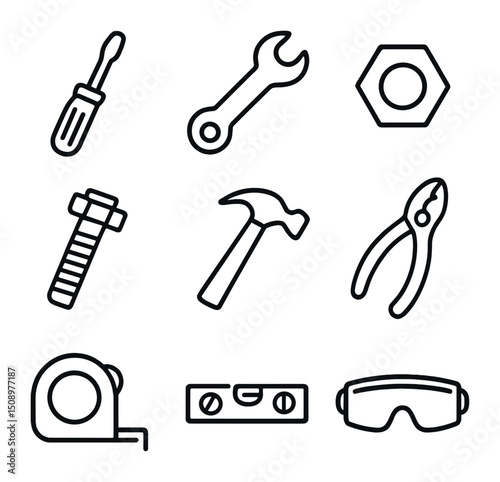 Tool Icon Grid. Outline icon set of assembly tools and hardware: screwdriver, wrench, nut, bolt, hammer, pliers, tape measure,
