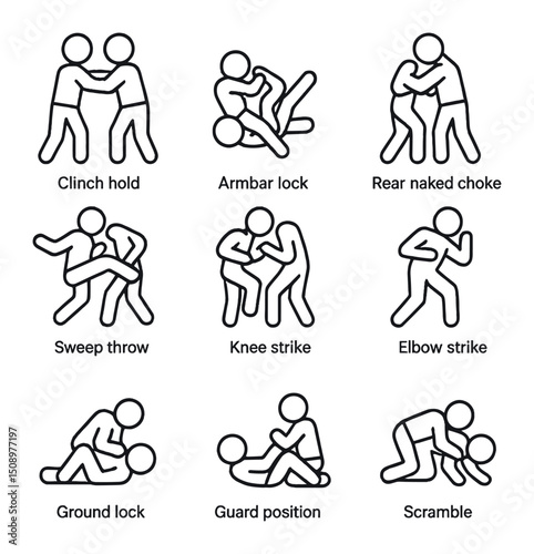 Soldier Grappling Techniques Icons. Outline icon set of soldier grappling techniques: clinch hold, armbar lock, rear naked choke,