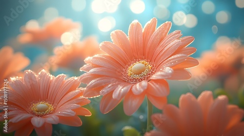 Close-up of vibrant orange Gerbera daisies against a dreamy, bokeh-filled background. The soft lighting accentuates delicate textures and water droplets, adding an abstract theme.