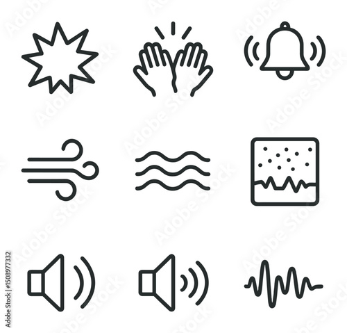Sound Effects Icons. Outline icon set of sound effects: explosion, applause, alarm, ambient wind, ocean waves, radio static, echo,