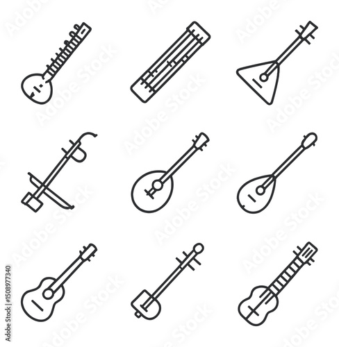 Traditional Instruments Icons. Outline icon set of folk and traditional instrument collection: sitar, koto, balalaika, erhu,