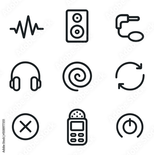 Sound Art Icon Set. Outline icon set of sound art performance: waveform line, speaker stack, contact mic, headphone icon, echo