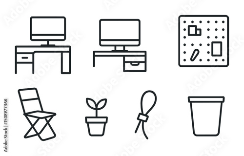 Home office icon set with desk, chair, and plant elements for design projects