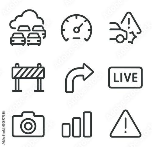 Traffic Update Icons. Outline icon set of real-time traffic updates: traffic jam cloud, speed gauge, accident alert, road barrier,