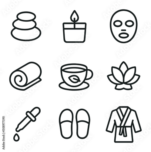 Spa Icon Set. Outline icon set of spa pampering: massage stones, scented candle, face mask, towel roll, herbal tea cup, lotus