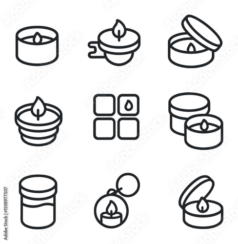 Travel Candle Icons. Outline icon set of travel and miniature candles: mini tin candle, car vent candle, soy wax travel candle,