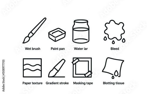 Art supplies icons including brushes, paint jars, and textures for creative projects