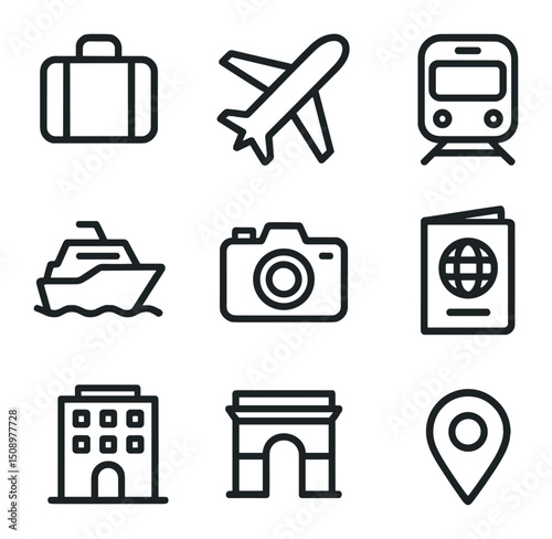 Travel Icon Set. Outline icon set of travel itinerary puzzle: suitcase, airplane, train, ship, camera, passport, hotel, landmark,