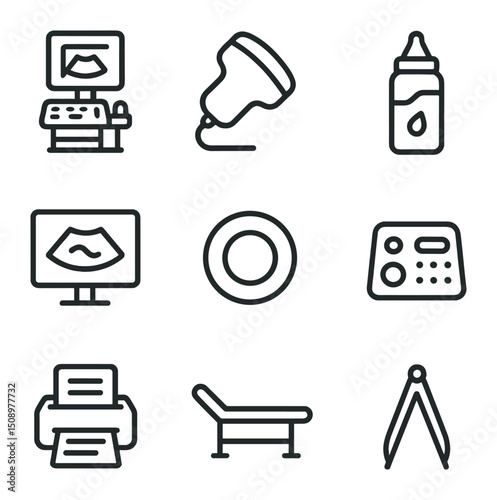 Ultrasound Icon Set. Outline icon set of ultrasound imaging center: ultrasound machine, transducer probe, gel bottle, display
