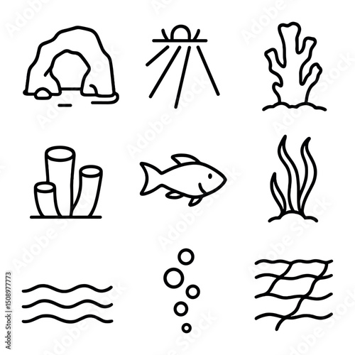Underwater Icon Set. Outline icon set of underwater arch lit by sunlight: rock arch, sunbeam, coral pillar, sponge growth, fish