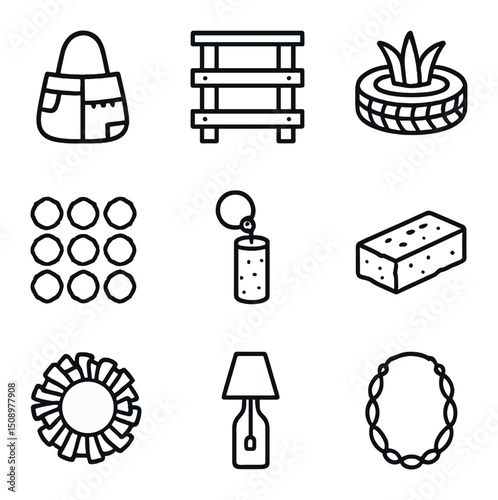 Upcycled Product Icons. Outline icon set of upcycled products: denim patchwork bag, pallet wood shelf, tire planter, bottle cap