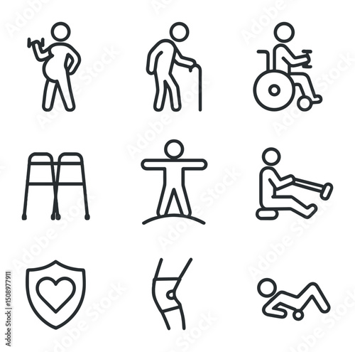 Special Population Icons. Outline icon set of special population training: prenatal workout, senior balance, wheelchair exercise,