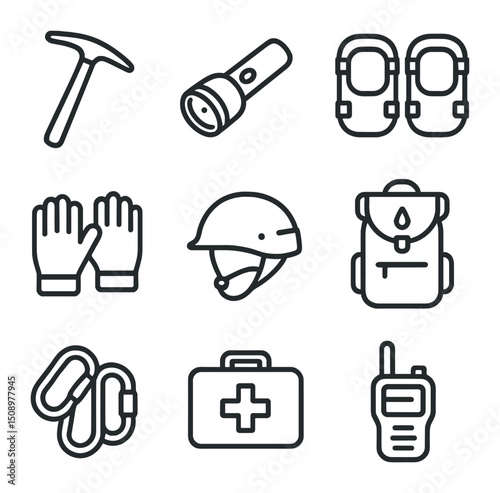 Spelunking Gear Icons. Outline icon set of spelunking tools: rock hammer, waterproof flashlight, knee pads, gloves, helmet,