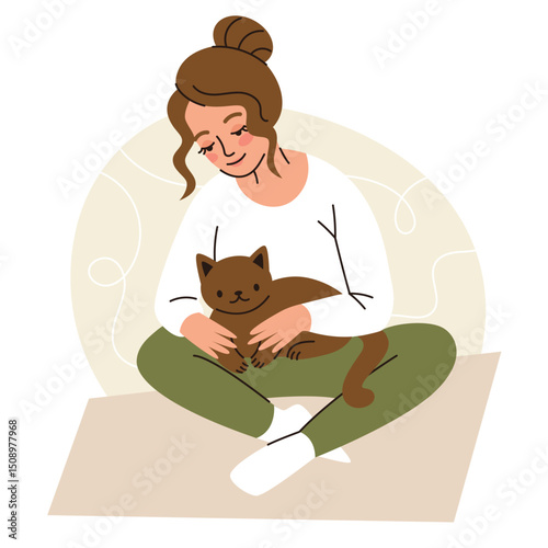 A woman holds a cat in her arms. A pet. Flat cartoon vector illustration