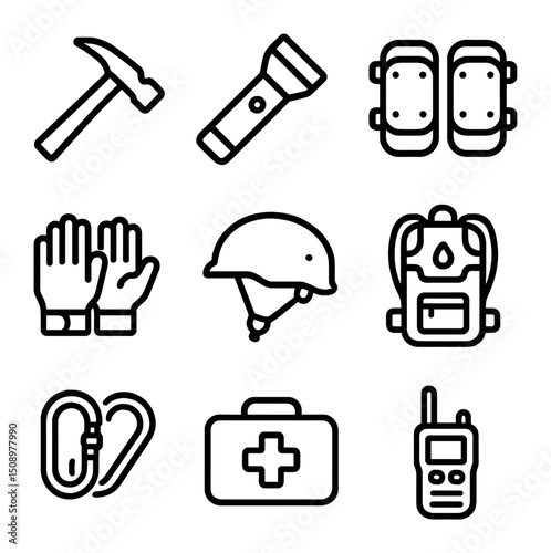 Spelunking Gear Icons. Outline icon set of spelunking tools: rock hammer, waterproof flashlight, knee pads, gloves, helmet,