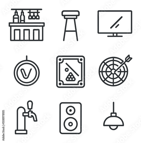 Sports Bar Icons. Outline icon set of sports bar interior: bar counter, high stool, flat-screen TV, neon sign, pool table,