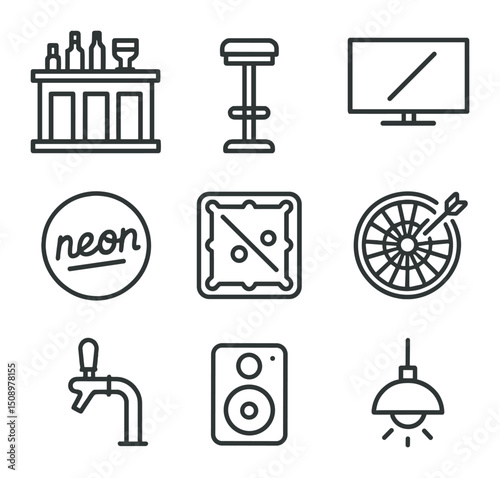 Sports Bar Icons. Outline icon set of sports bar interior: bar counter, high stool, flat-screen TV, neon sign, pool table,