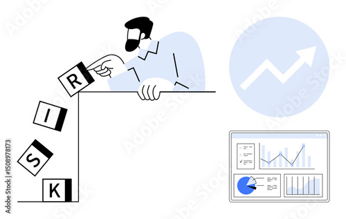 Man balancing risk blocks near edge, growth graph, detailed analytics dashboard. Ideal for business strategy, risk management, growth, decision-making, analytics, forecasting simple landing page
