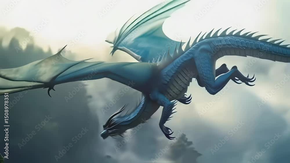 A dragon with translucent wings soars into the distance from a misty forest