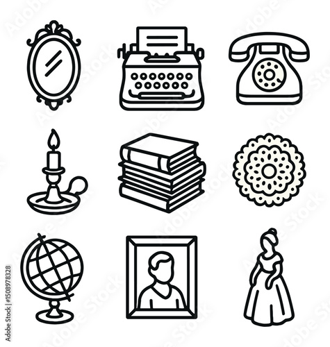 Vintage Icon Collection. Outline icon set of vintage eclectic mix: antique mirror, typewriter, rotary phone, brass candle holder,