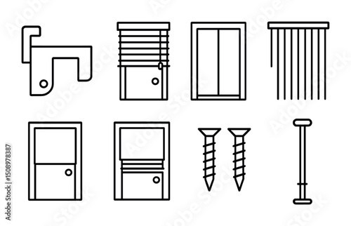 Minimalist line art collection of windows, blinds, and screws for design projects